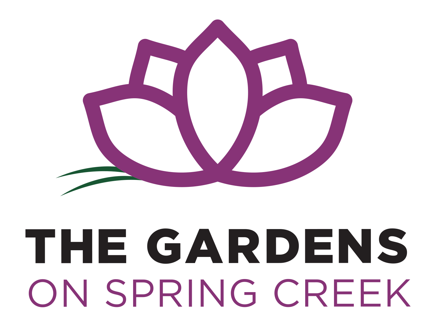 Flower with 5 purple petals and 2 green leaves above text that reads "The Gardens on Spring Creek"