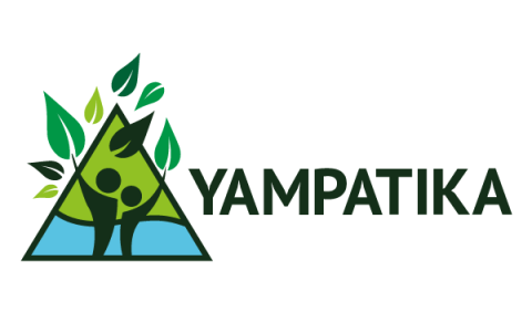 On the left is a triangle with blue in the bottom half and green in the top half. Inside the triangle there are two humans with arms stretching upwards. Leaves appear to be coming out of the top. The words "Yampatika" 