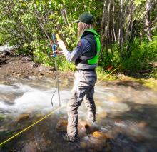 Park hydrologist, Erin White, taking high-precision water velocity measurements in Yellowstone National Park