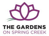 Flower with 5 purple petals and 2 green leaves above text that reads "The Gardens on Spring Creek"