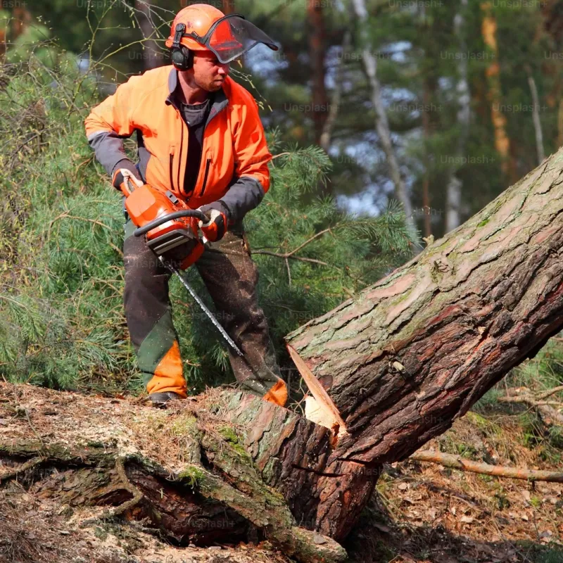 A timber harvester cuts down a large tree with a chainsaw