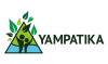 On the left is a triangle with blue in the bottom half and green in the top half. Inside the triangle there are two humans with arms stretching upwards. Leaves appear to be coming out of the top. The words "Yampatika" 